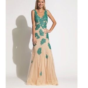 Jovanni Teal Lace And Tulle  Mermaid Gown